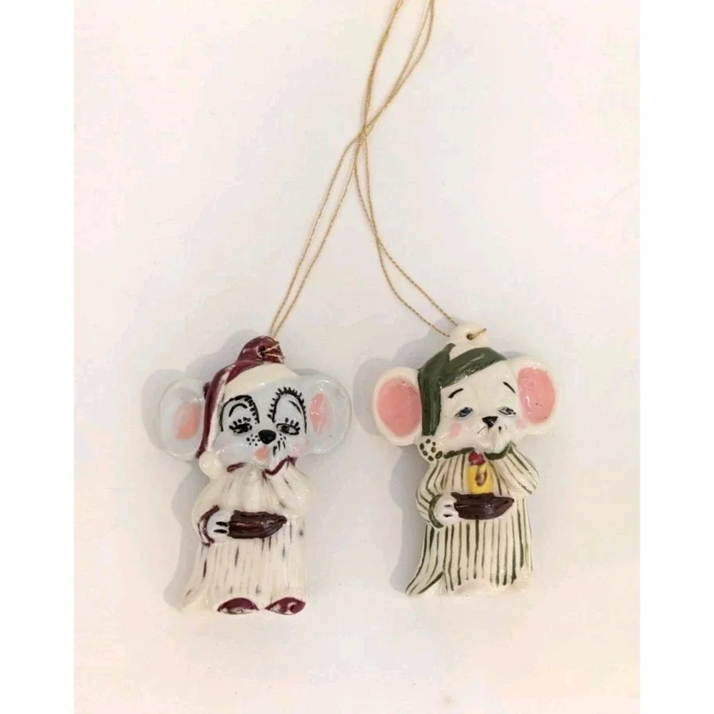 Mouse in Pajamas w Candle Hand Made Painted Ceramic Christmas Ornament Lot Of 2